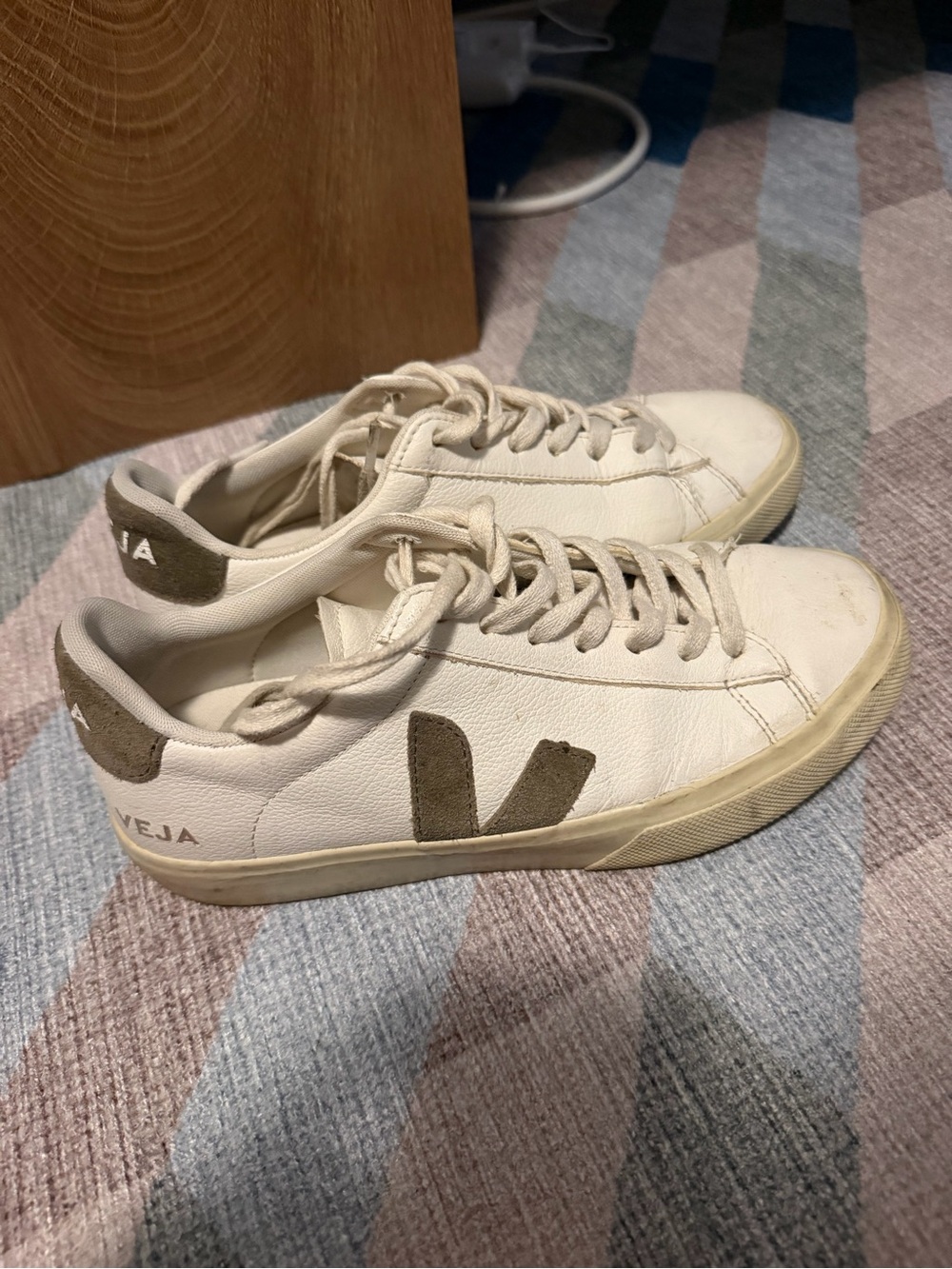 Veja White Leather Sneakers with Olive V Detail
